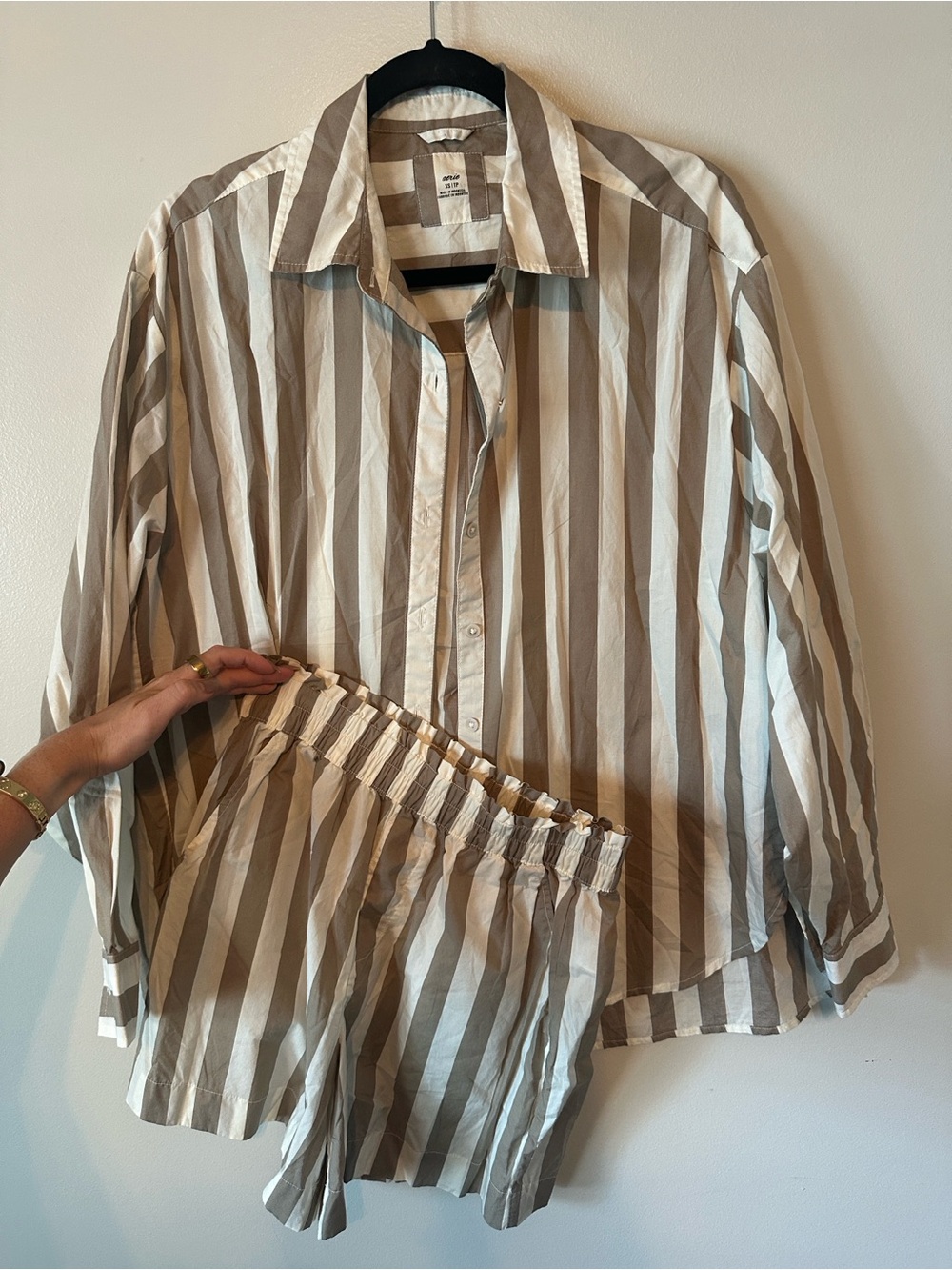 aerie Taupe and White Vertical Stripe Button-Down Shirt